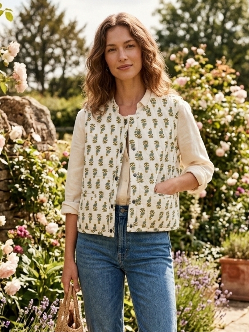NWT Lucky Brand Women's Boho Cottagecore White Floral Quilted Vest Size Large